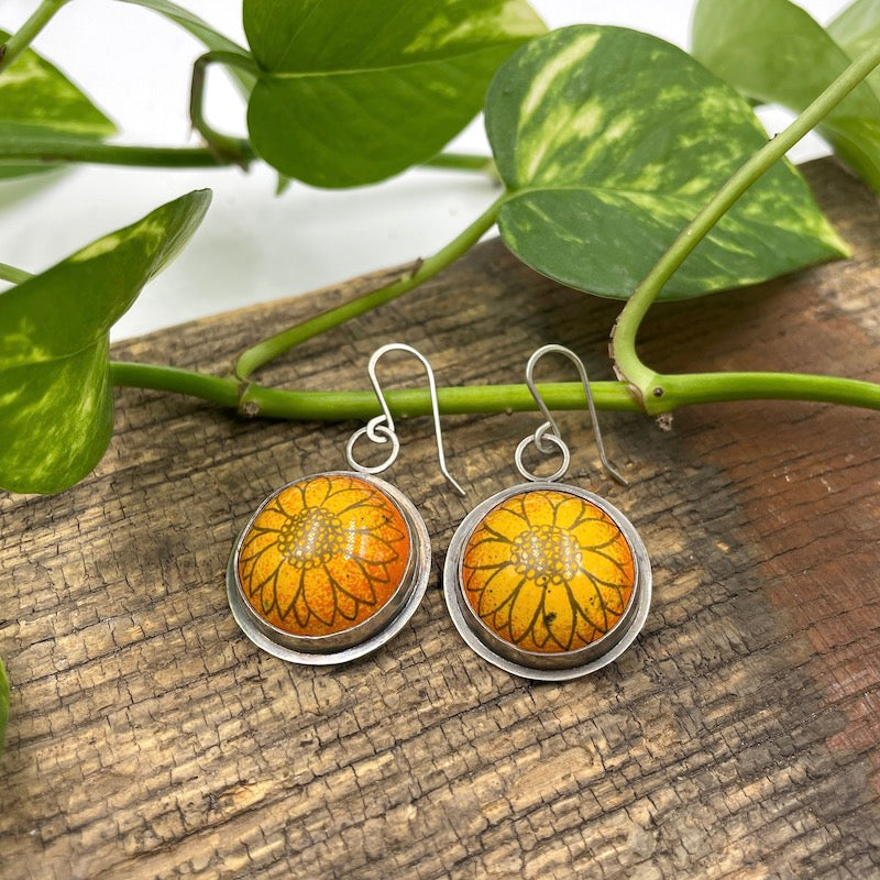 Yellow and Orange Enamel Sunflower 'Doodle' Cabochon Earrings