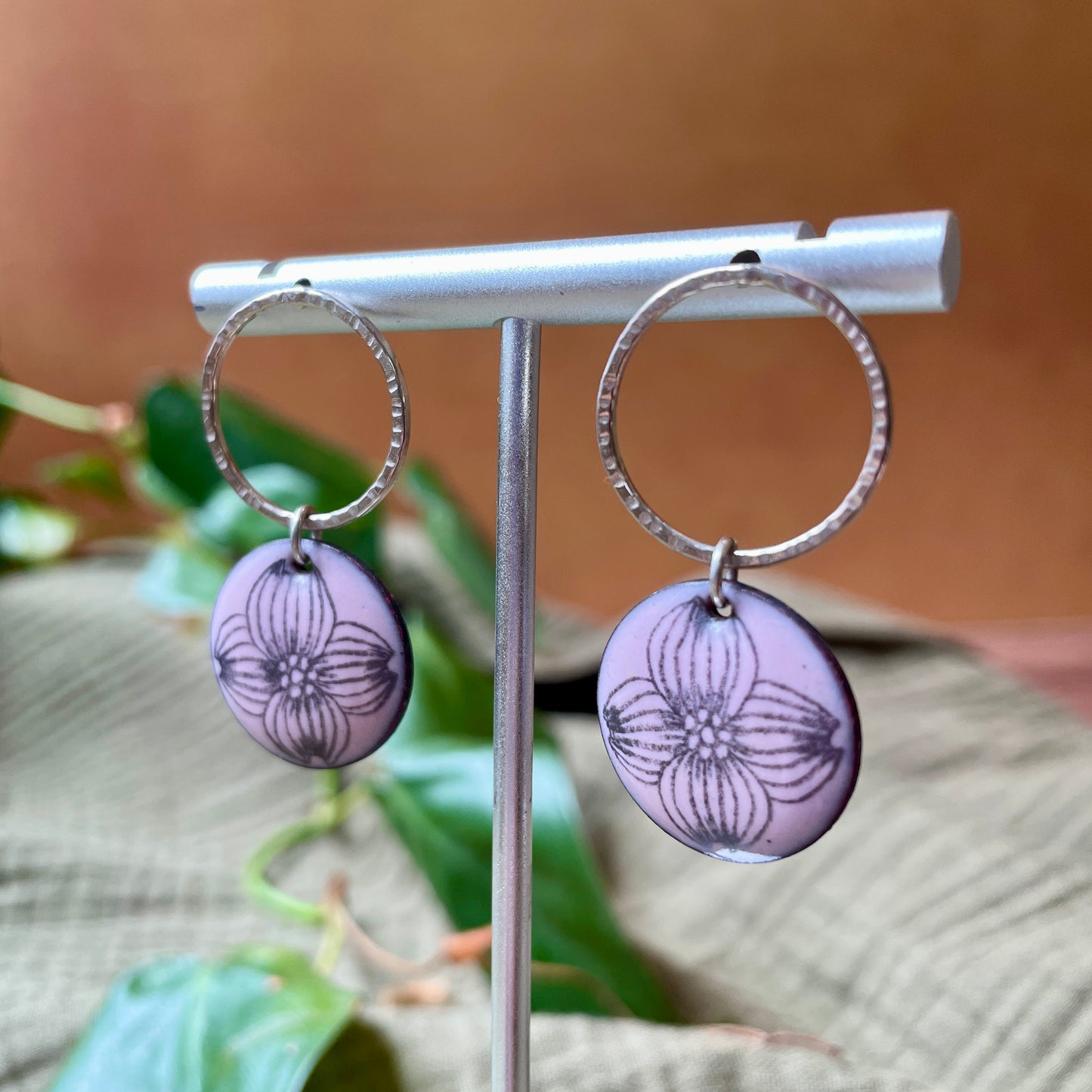 Pink Enamel Dogwood 'Doodle' Earrings with Silver Rings