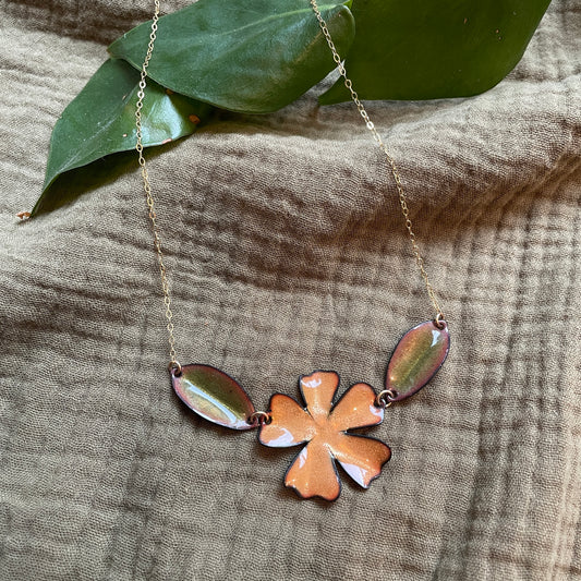 Peach Flower with Olive Green Leaves Necklace