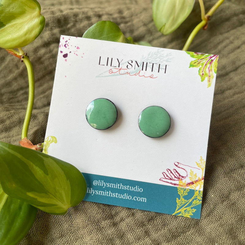 Sea Glass Green Enamel Dot Post Earrings