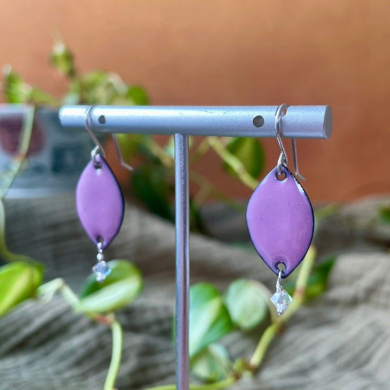 Orchid Pink Enamel Petal Crystal Dangle Earrings