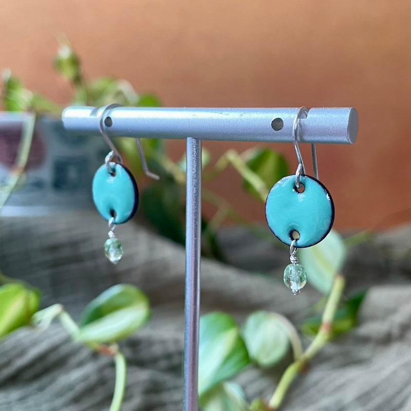 Sea Foam Green Enamel Dot Crystal Dangle Earrings