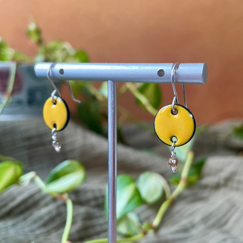 Yellow Enamel Dot Crystal Dangle Earrings